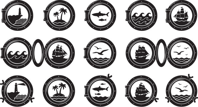 Set of nautical icons featuring ships, waves, palm trees, sharks, and seagulls within porthole frames, perfect for maritime and travel-themed designs