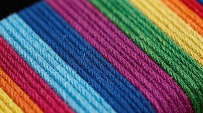 Close up macro view of woven fabric threads in bright rainbow colors. Diagonal lines of yarn show detailed texture, perfect for craft sewing projects.