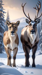 Obraz premium Two deer standing in snowy forest.