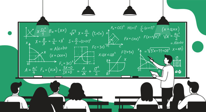 Illustration of a teacher explaining complex mathematical formulas on a green chalkboard to a classroom of diverse students in a lecture.