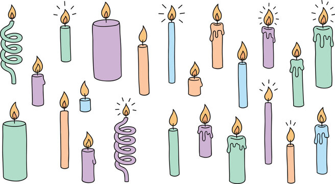 Set of Colorful Candles with Various Shapes and Melting Effects for Decorative and Lighting Designs