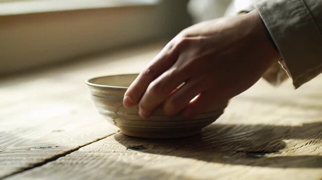 Smooth video: hand places unglazed ceramic bowl on sun-dappled rustic wooden surface with sharp focus, soft bokeh, diffused light, concept of genuine craftsmanship