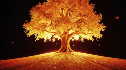 Fototapete Mädchenzimmer Golden tree shines brightly on luminous hill. Magical particles float around the illuminated organic nature symbol. This fantasy concept represents hope growth and renewal.  © Maryna
