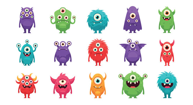 Colorful cartoon monsters collection featuring cute and quirky creatures with various eyes horns and textures for game design.