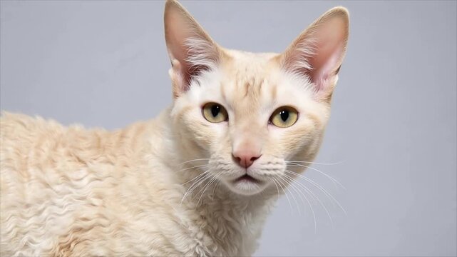 Ginger Cornish Rex cat looking aside then turning head towards camera. Portrait of domestic feline with curly fur over gray background for animal showcase film.