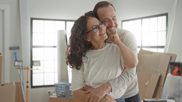 Man hugging woman from behind among packed moving boxes, tool case and laundry basket in a bright building; togetherness joy.
