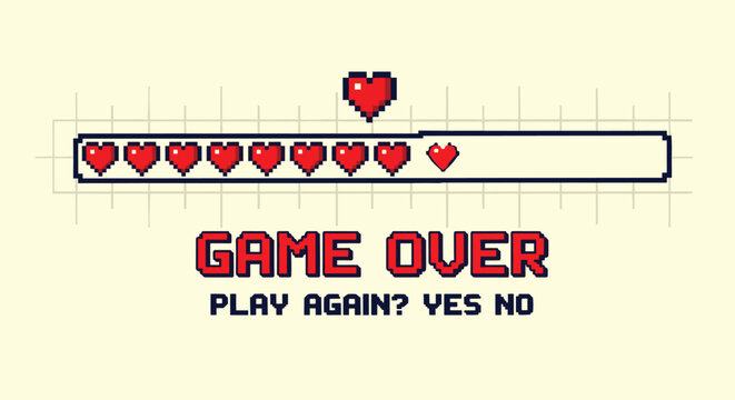 Video game over screen in retro pixel art style with heart health bar and play again options on a grid background.
