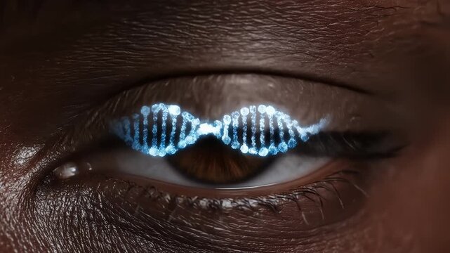 Futuristic DNA helix projection on human eye, genetic engineering and biotechnology concept, glowing blue double helix on iris and skin