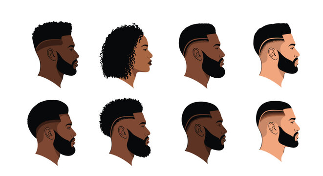 Black men hair and beard styles collection showing profile views of various fades braids and facial hair grooming options.