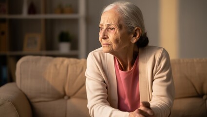 Fototapeta premium An elderly woman sits on a couch with a concerned expression, holding her stomach in discomfort, conveying a sense of sickness or illness in a quiet indoor setting.