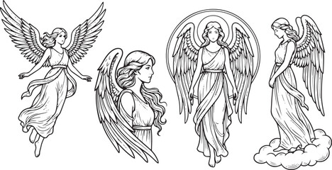 Obraz premium Collection of angelic figures rendered in a classic illustrative style, featuring wings and halos