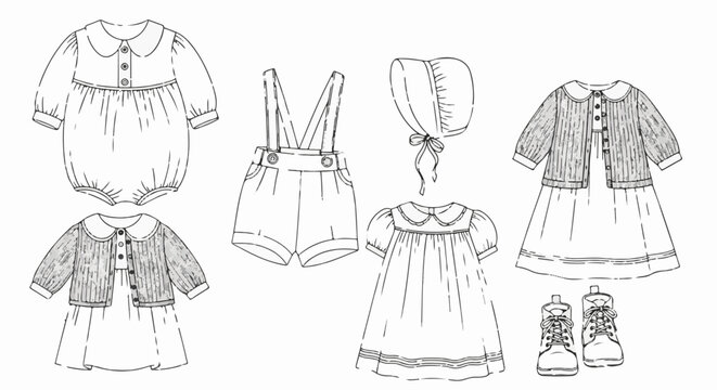 Vintage children's clothing sketches romper, dress, overalls, cardigan, boots, bonnet