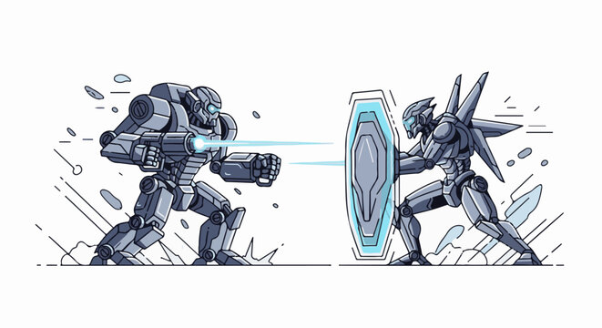Two robotic warriors engaged in a laser battle, one firing a beam, the other defending