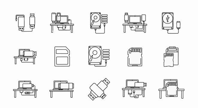 Various computer storage devices and connections shown as simple line icons
