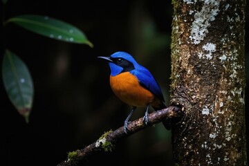 Fototapeta premium Small colorful bird with bright blue head and orange chest rests on mossy branch in dark rainforest. Wing feathers show blue and black details. Creature looks alertly to its left.
