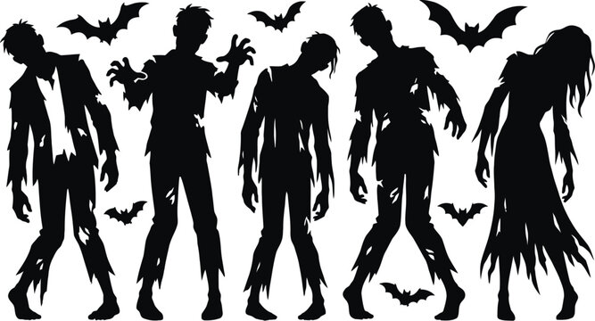 halloween zombie silhouettes with bats on white background
