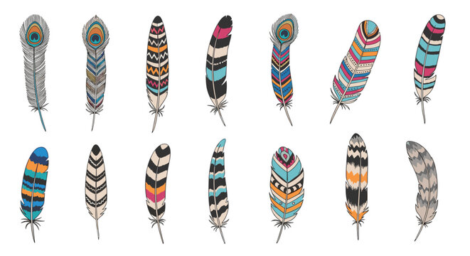 Set of colorful patterned bird feathers in a bohemian or tribal style with various shapes and intricate details.