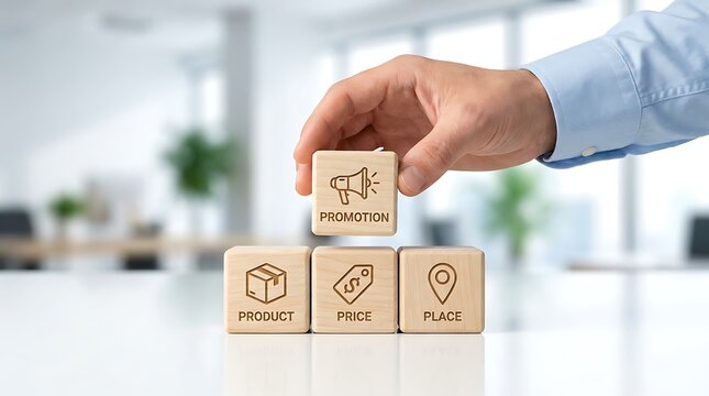 Hand placing promotion cube on product, price, and place blocks representing the marketing mix strategy in business.
