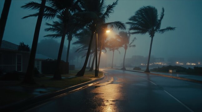 Palm trees bend in strong wind and heavy rain on a dark street. Wet road reflects light from streetlamps. Buildings visible in hazy distance. Stormy weather conditions.