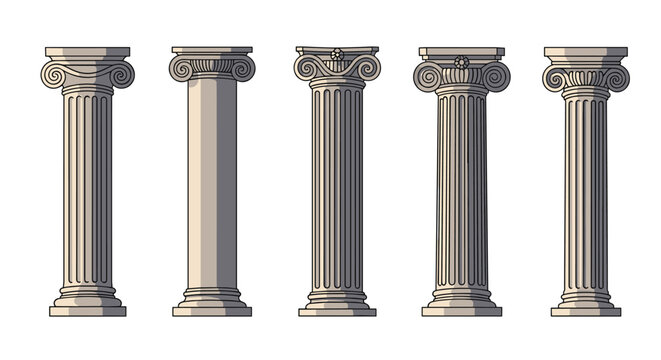 Collection of five classical Greek Ionic columns with ornate scrolls and fluted shafts isolated on white background.
