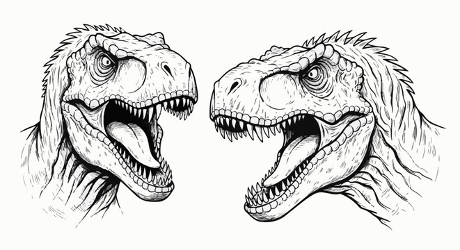 Two roaring dinosaur heads face each other in a black and white illustration