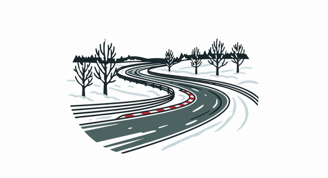 Winding asphalt track curves through snowy landscape with bare trees
