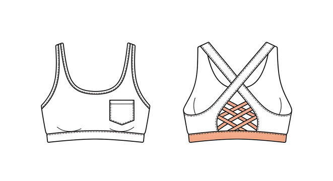 Detailed illustration of womens sports bra with pocket and crisscross back design
