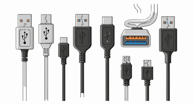 Various USB cable connectors and ports displayed in cartoon style