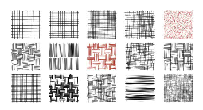 Grid of diverse hand-drawn crosshatch and weave patterns in black and red ink showing various hatching techniques.