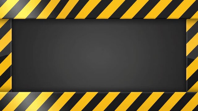 Yellow and black diagonal warning stripes frame dark background