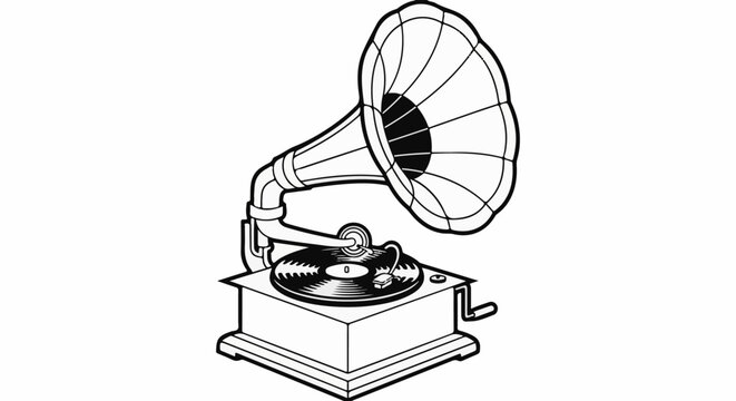 Vintage gramophone with large horn and spinning record