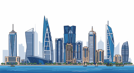 Obraz premium Vibrant city skyline with modern skyscrapers overlooking a blue ocean