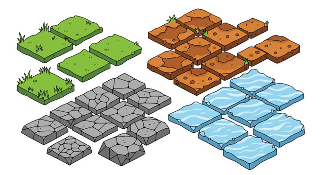 Isometric game tiles set with grass, stone, dirt, and water textures. Cartoon landscape map elements for mobile gaming. 2D vector terrain blocks.