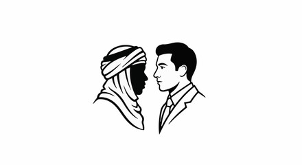 Fototapeta premium Two men, one in traditional headwear, the other in a suit, face each other