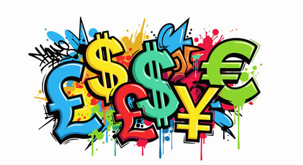 Fototapeta premium Vibrant graffiti art featuring global currency symbols in a chaotic splash of color