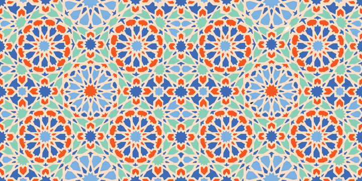 Colorful Islamic Geometric Seamless Pattern with Moroccan Mosaic Arabesque Ornaments