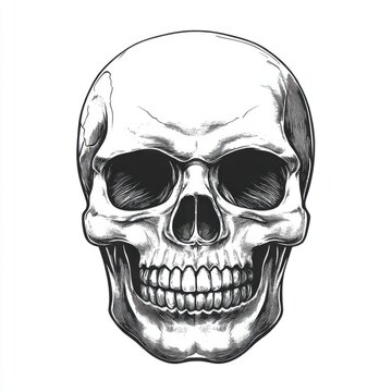 Detailed Black and White Hand-Drawn Human Skull Art