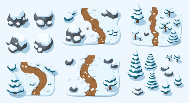 Isometric winter game assets, snow covered landscape tiles with dirt paths and pine trees, cartoon arctic environment map elements for level design