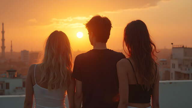 Friends on a rooftop at sunset. Black and white outfits photography. Ultra realistic sunset backdrop. Urban fashion photoshoot ideas.