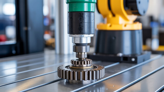 A close-up industrial photograph of a robotic automation system with a green and black pneumatic cylinder mounted on a metal slotted track