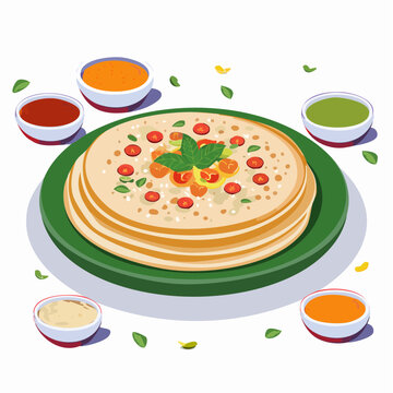 Stylized vector of uttapam topped with vegetables and chutney sides