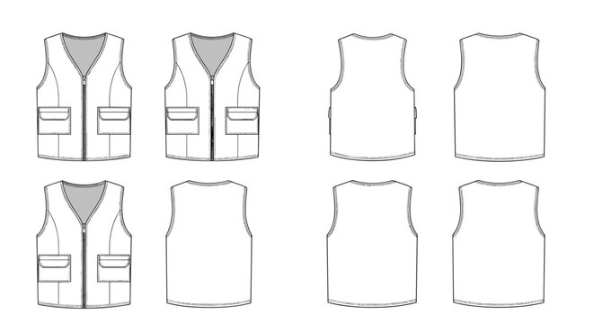 Technical fashion drawings of different sleeveless vest designs including utility vests and plain front and back views.