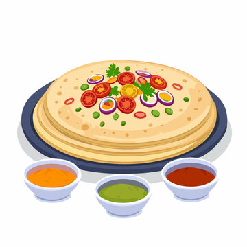 Stylized vector of uttapam topped with vegetables and chutney sides