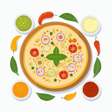 Stylized vector of uttapam topped with vegetables and chutney sides