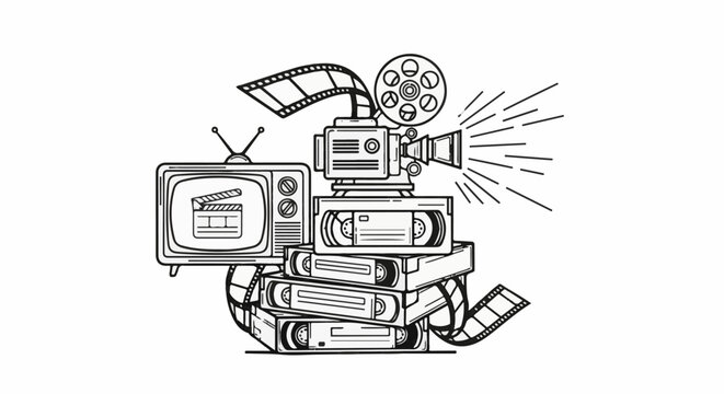 Vintage media devices, film reels, tapes, and a TV screen