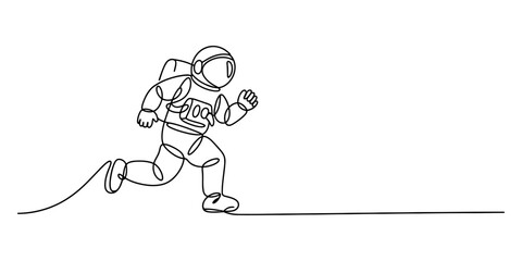 Fototapeta premium Astronaut running in space, one line drawing, simple style Vector, illustration
