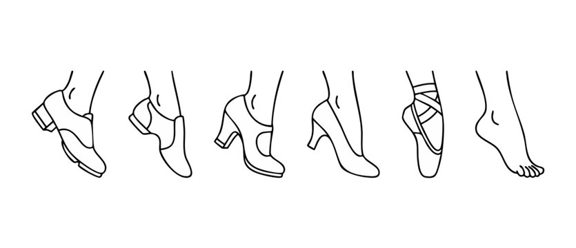 Dance Shoes Set Line Icons, Footwear Collection for Ballet Tap Ballroom and Barefoot Styles, Professional Dancer Footwear Outline Vector Graphic for Performance Design, Minimalist Performance Elements