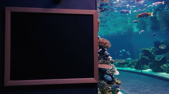 Empty blackboard borders underwater aquarium tunnel with coral reef and fish swimming. Marine life display offers space for text or graphics in ocean habitat.