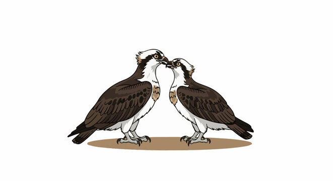 Two osprey birds are touching beaks in a gentle interaction on a neutral background