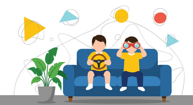 Cheerful illustration of two young boys playing imaginatively on a blue sofa with a steering wheel and binoculars.